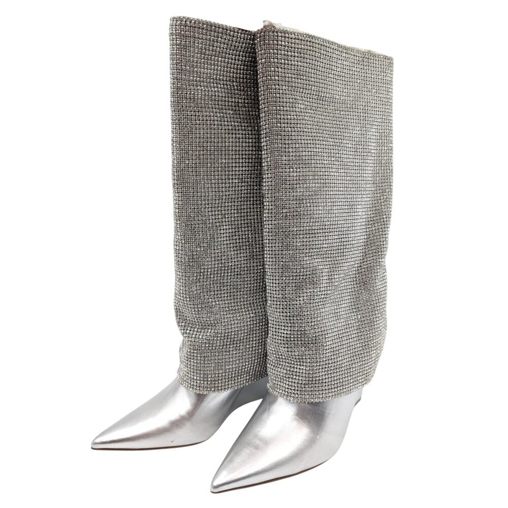 Steve Madden Risky-R Rhinestone Cuff Wedge Boots Silver Women's Size US7 EU38